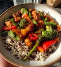colorful teriyaki chicken stir fry recipe with rainbow veggies wild rice