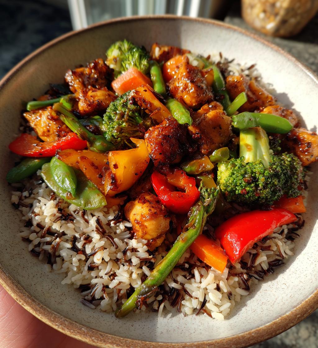 colorful teriyaki chicken stir fry recipe with rainbow veggies wild rice