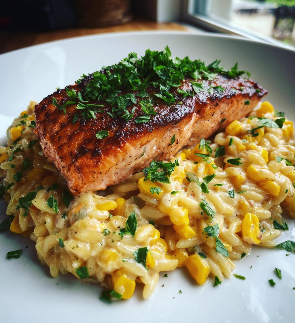 creamed corn orzo with salmon a cozy elegant meal - detail 1