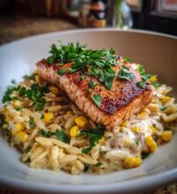 creamed corn orzo with salmon a cozy elegant meal