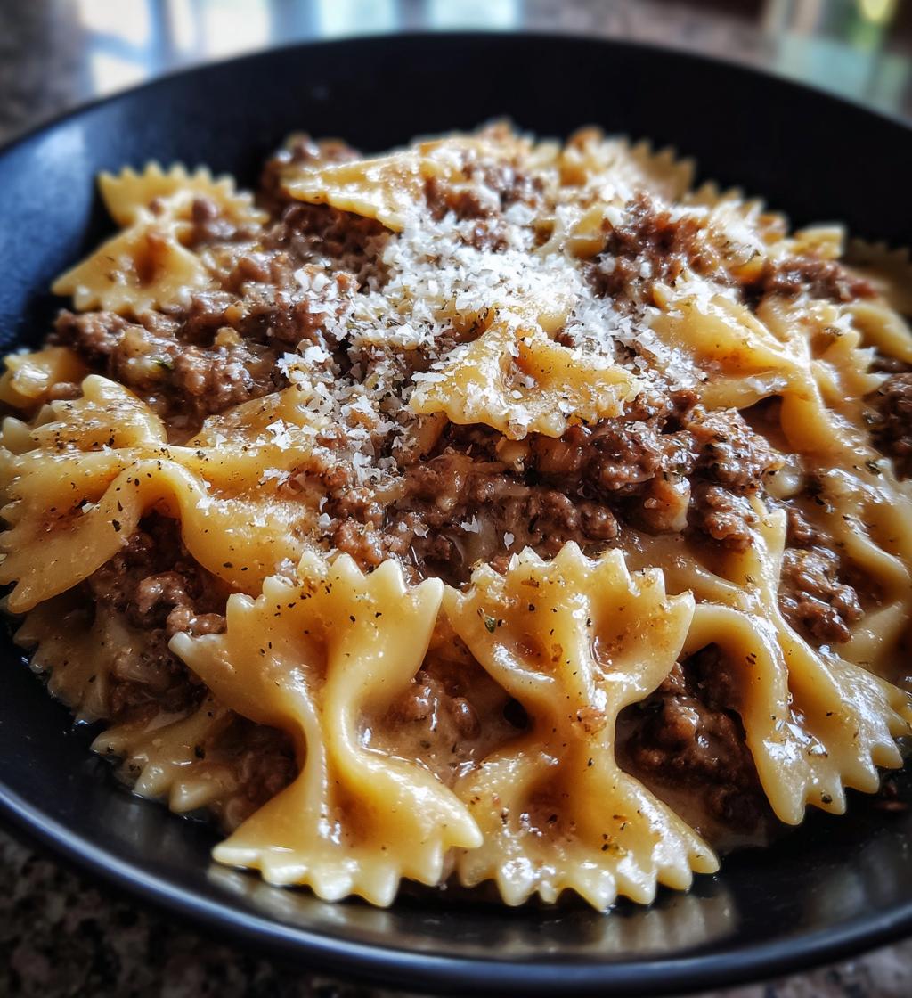 creamy beef and bowtie pasta