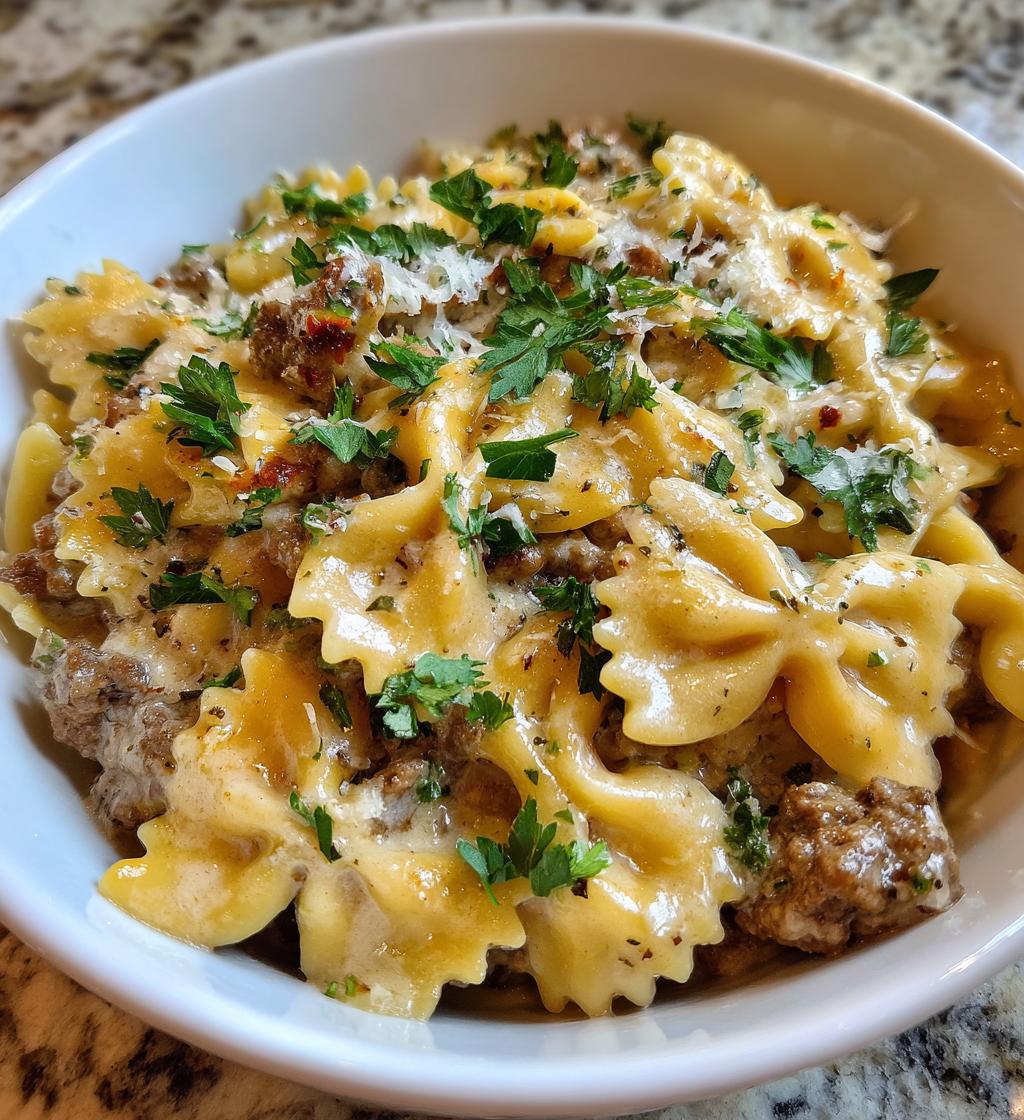 creamy beef bowtie pasta with garlic parmesan sauce - detail 1