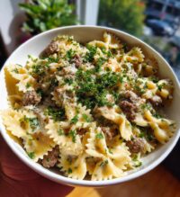 creamy beef bowtie pasta with garlic parmesan sauce