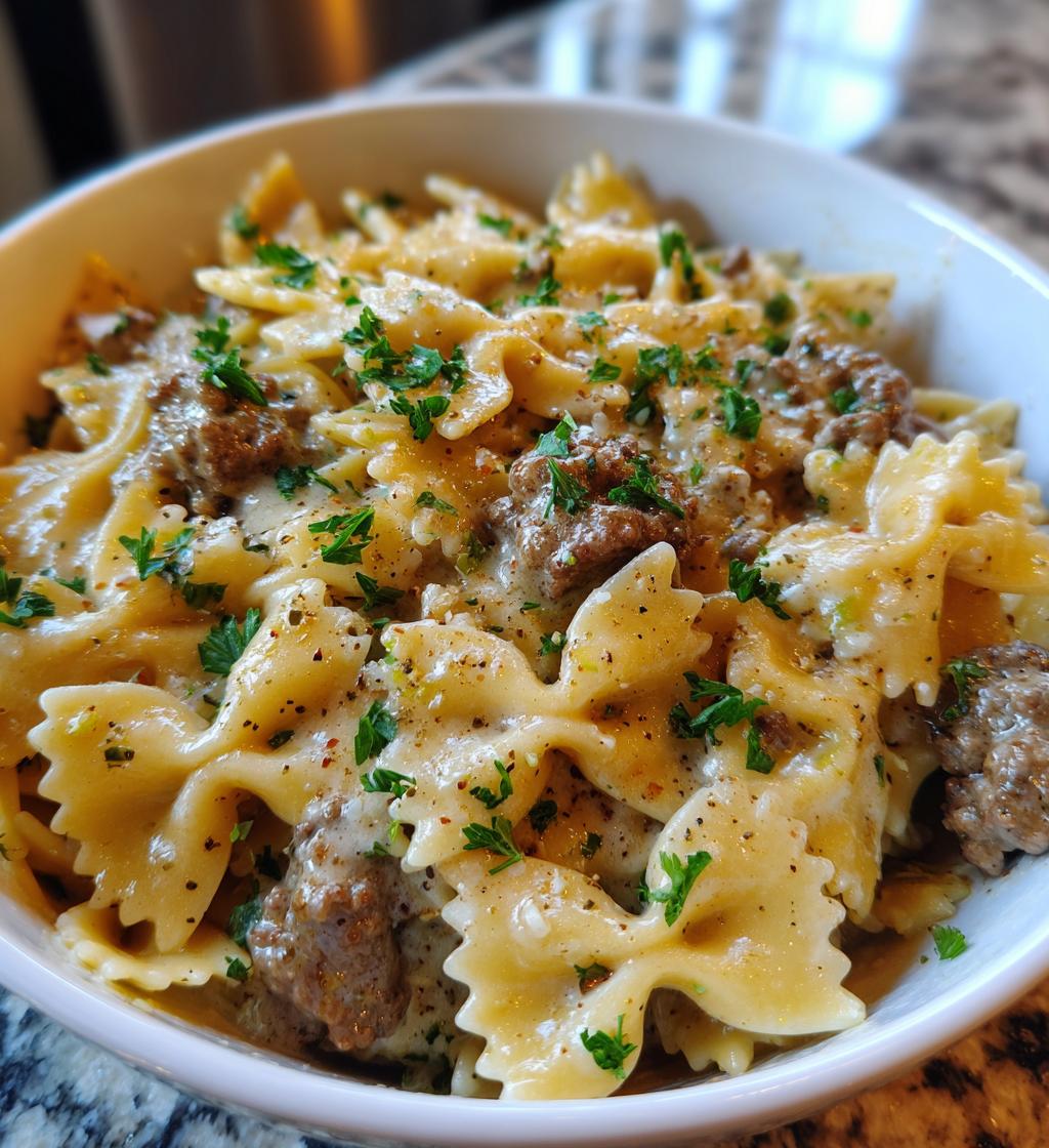 creamy beef bowtie pasta with garlic parmesan sauce
