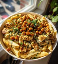 creamy cajun chicken pasta with whipped roasted garlic feta crispy chickpeas