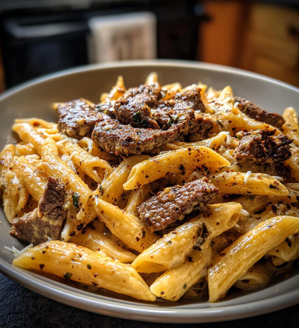 creamy cajun steak cheddar penne skillet - detail 1