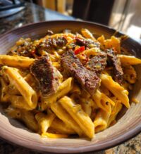 creamy cajun steak cheddar penne skillet
