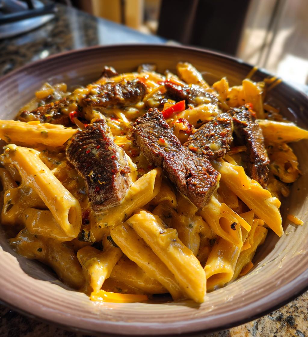 creamy cajun steak cheddar penne skillet