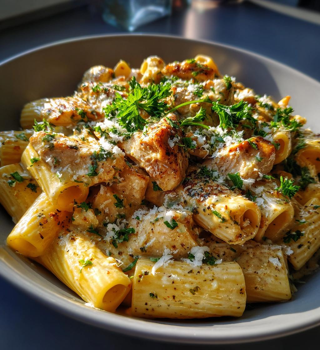 creamy garlic butter chicken and rigatoni in parmesan sauce - detail 1