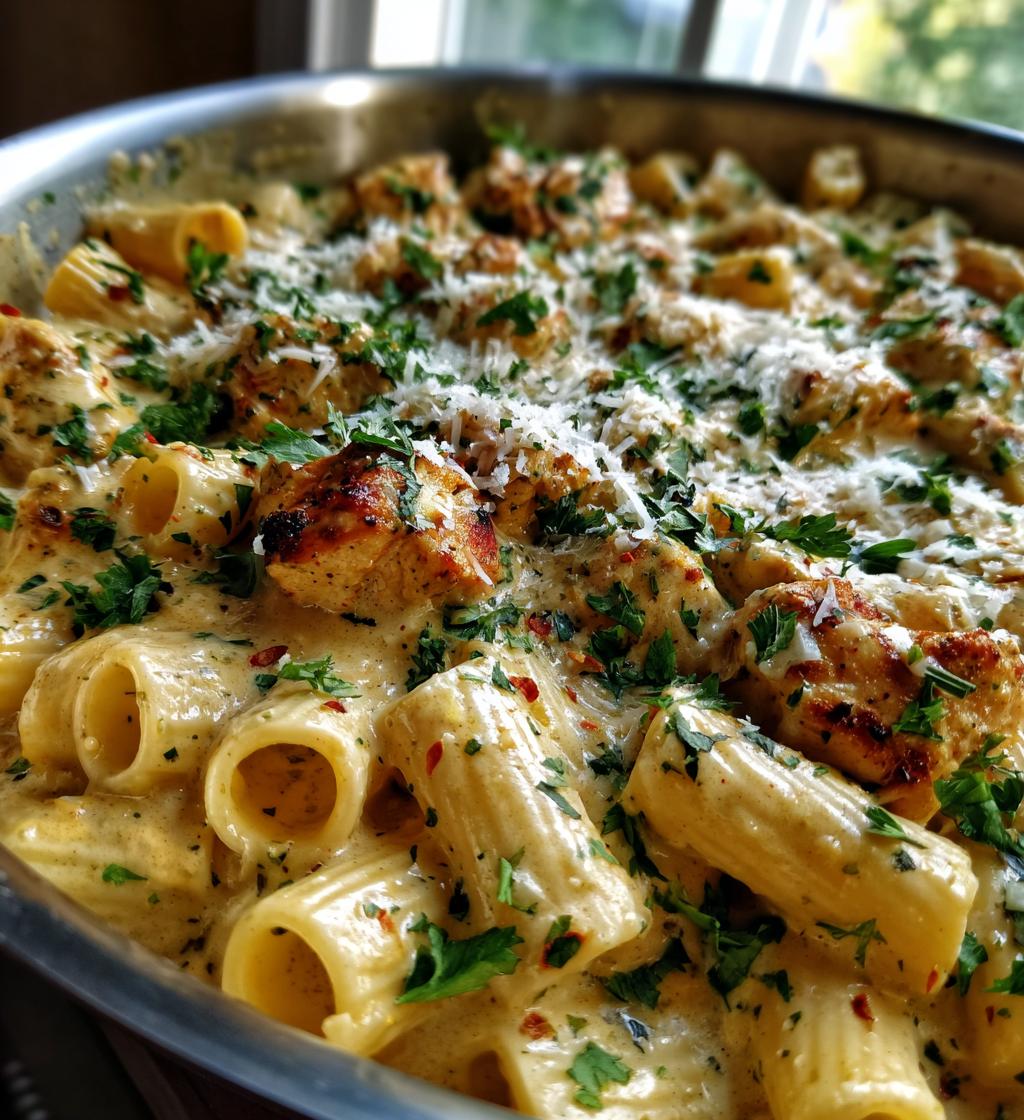 creamy garlic butter chicken and rigatoni in parmesan sauce
