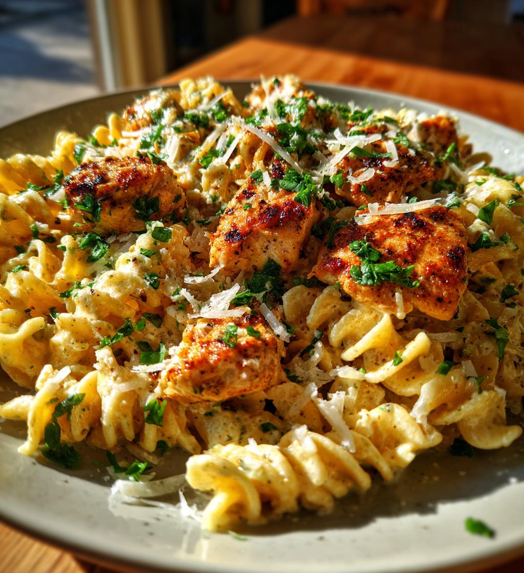 creamy garlic butter chicken rotini parmesan - detail 1