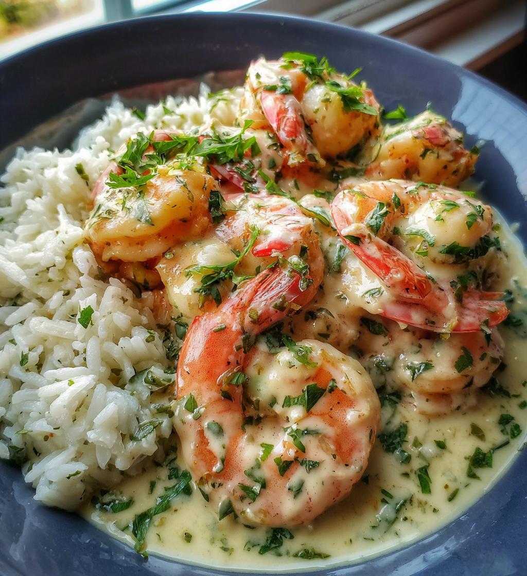 creamy garlic butter shrimp bowl with herb rice