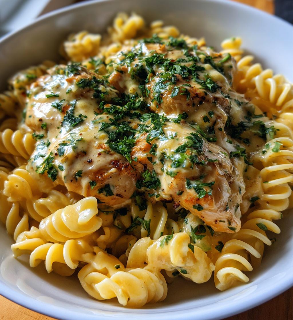 creamy garlic parmesan chicken with cheesy twisted pasta