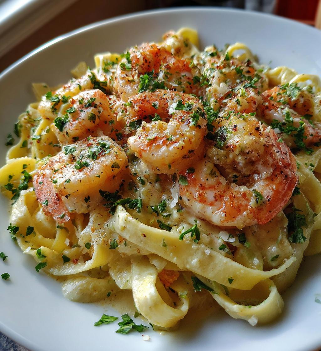 creamy garlic shrimp pasta - detail 1