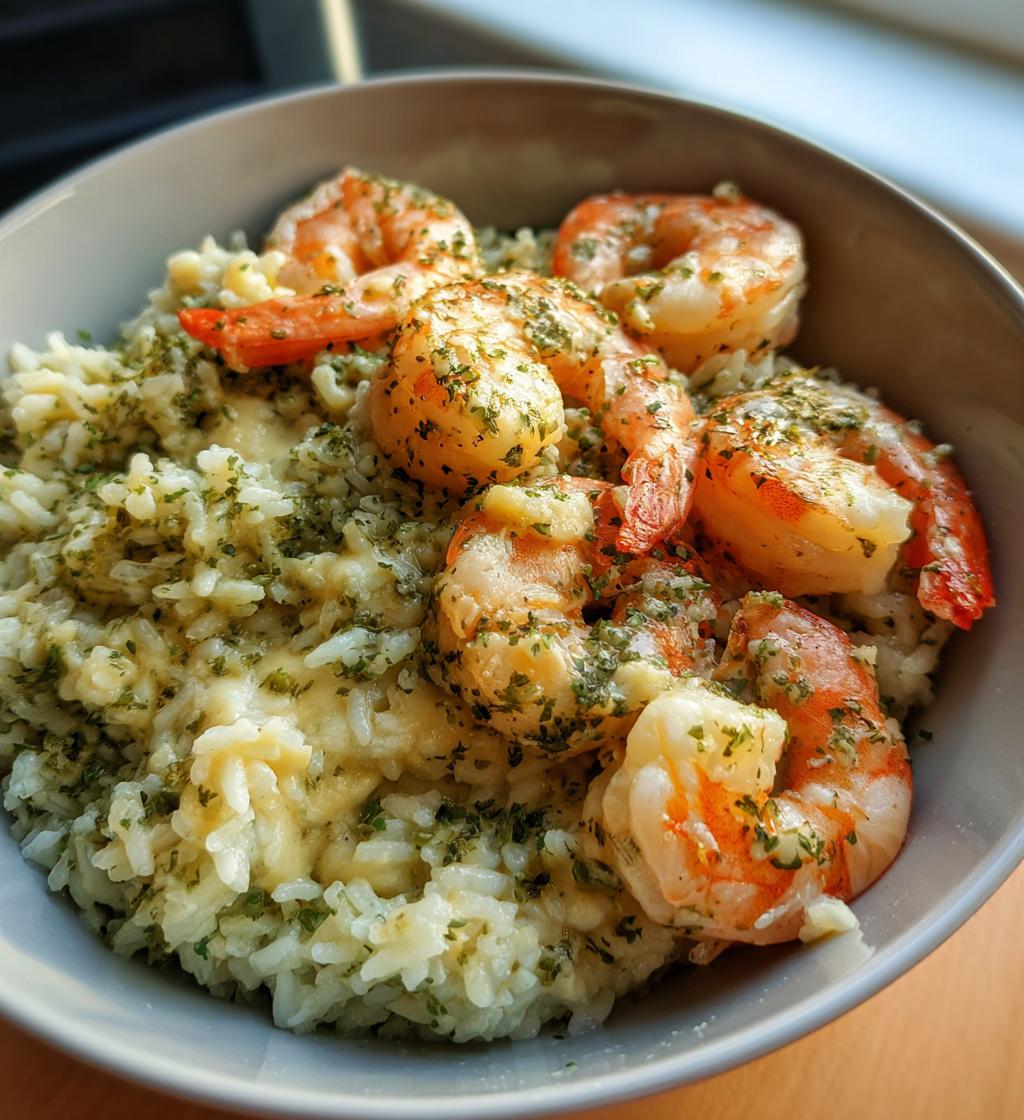 creamy herb rice with garlic butter shrimp bowl - detail 1