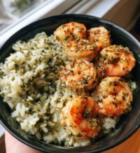 creamy herb rice with garlic butter shrimp bowl
