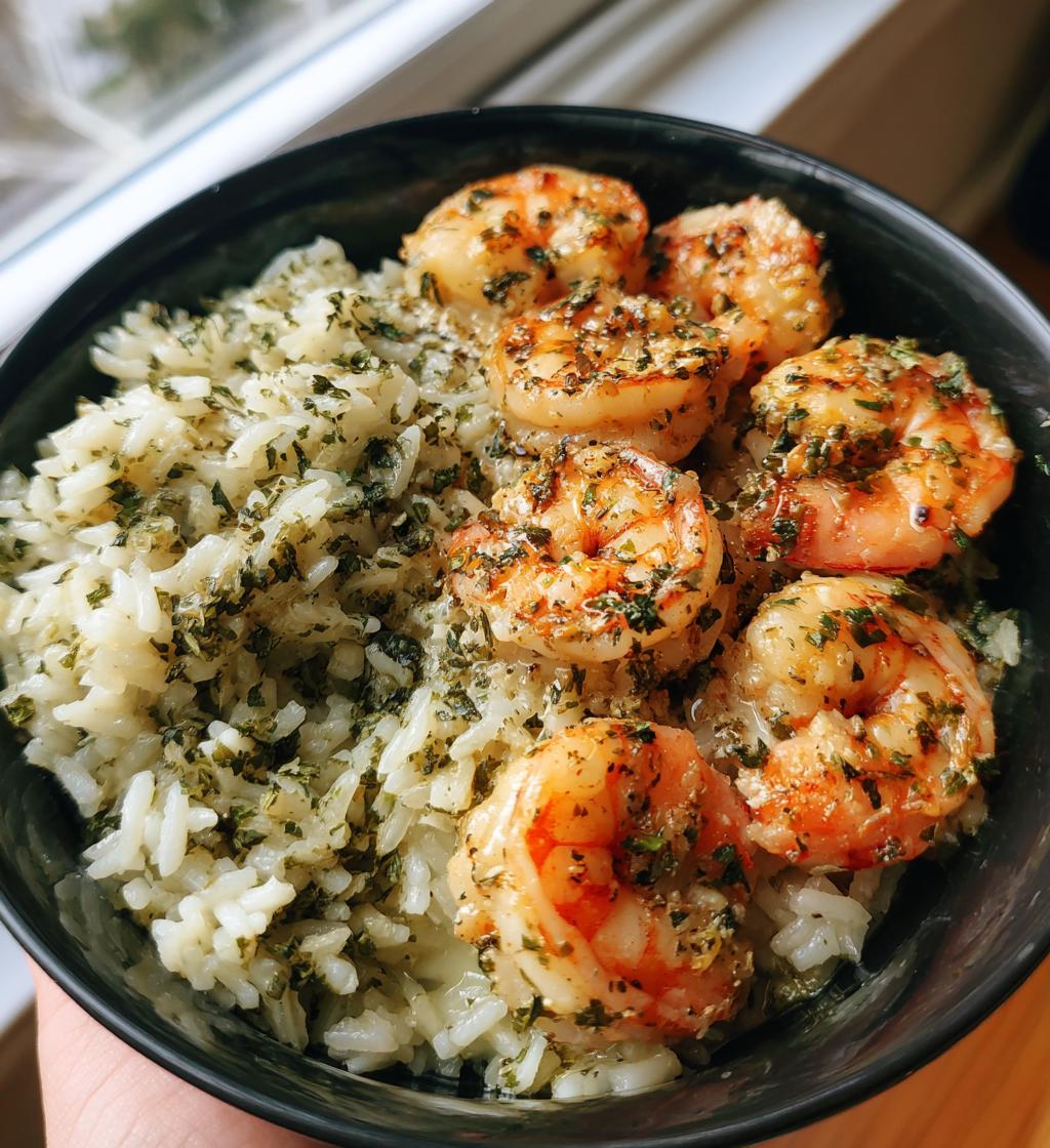 creamy herb rice with garlic butter shrimp bowl