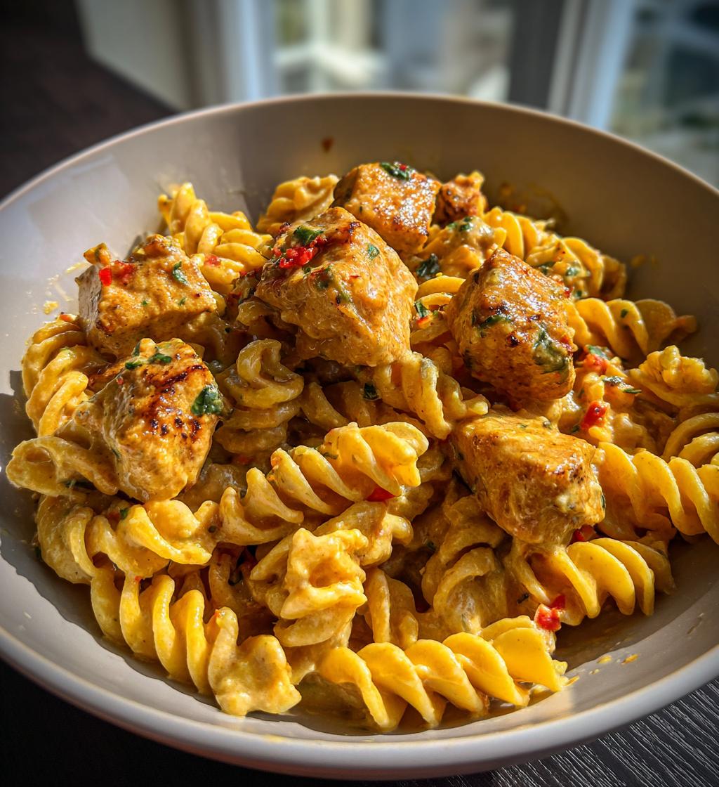 creamy jalapeno garlic chicken bites with twisted cheddar cajun pasta