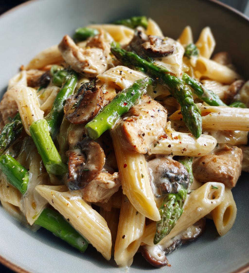 creamy mushroom and asparagus chicken penne - detail 1