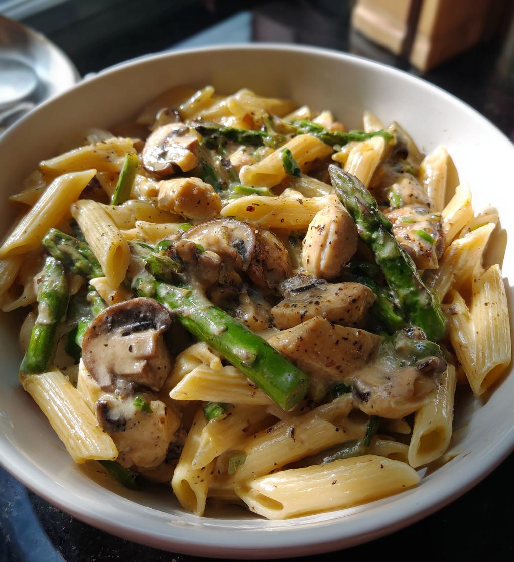 creamy mushroom and asparagus chicken penne
