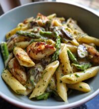 creamy mushroom and asparagus chicken penne