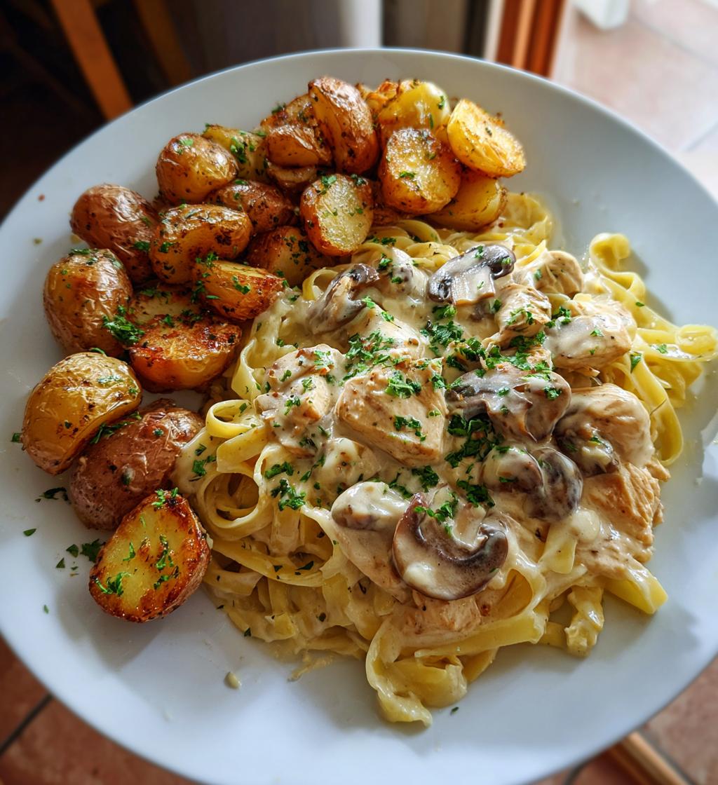 creamy mushroom chicken alfredo recipe with hot honey roasted potatoes - detail 1