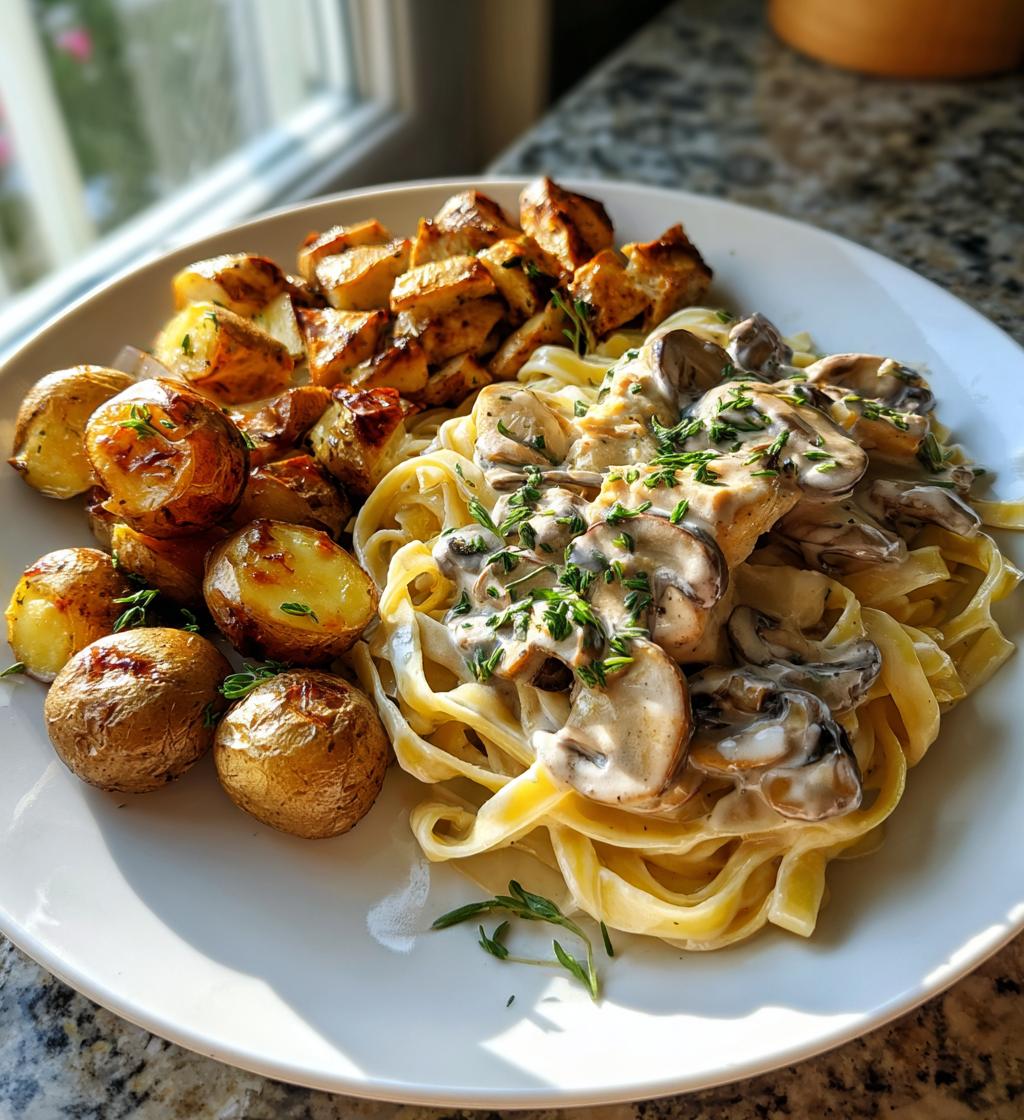 creamy mushroom chicken alfredo recipe with hot honey roasted potatoes