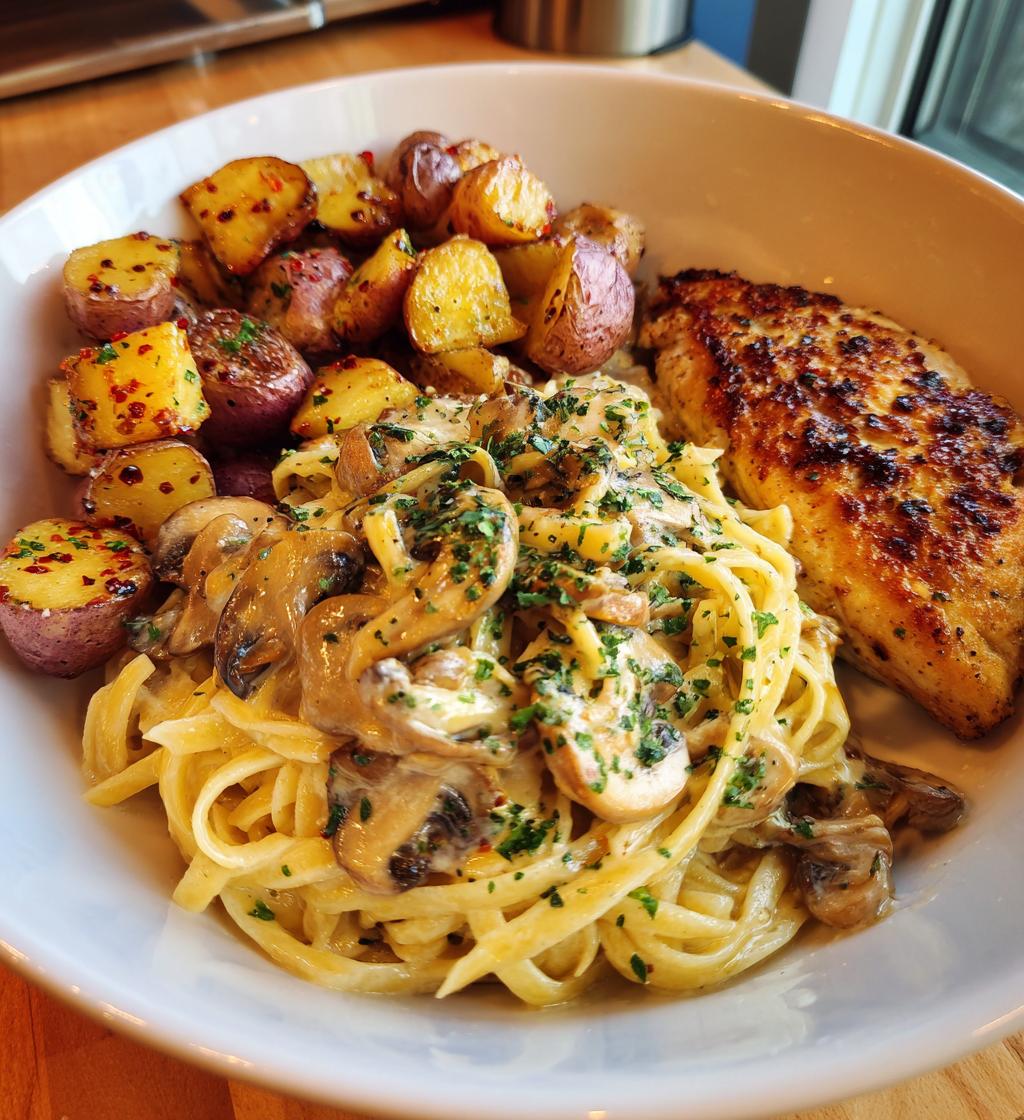creamy mushroom garlic chicken alfredo hot honey roasted potatoes - detail 1