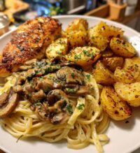 creamy mushroom garlic chicken alfredo hot honey roasted potatoes