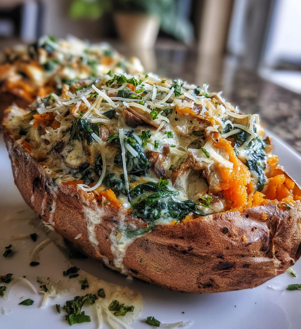 creamy mushroom spinach stuffed sweet potatoes - detail 1