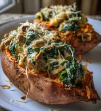 creamy mushroom spinach stuffed sweet potatoes