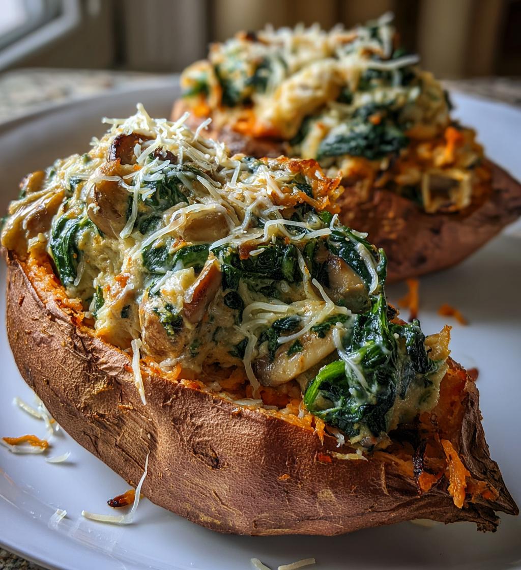 creamy mushroom spinach stuffed sweet potatoes