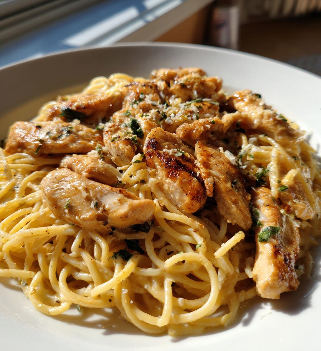 creamy parmesan pasta with sauteed garlic butter chicken - detail 1