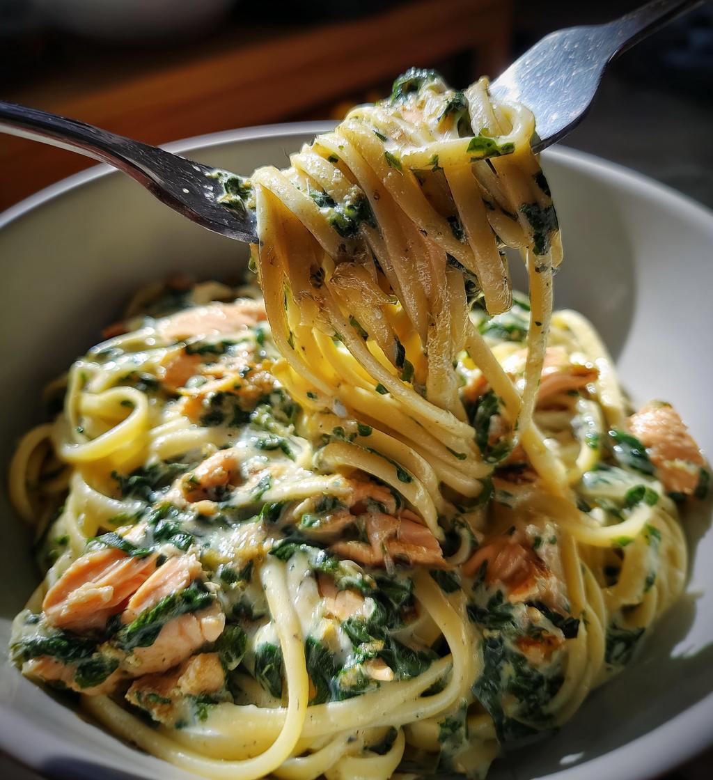 creamy salmon and spinach pasta - detail 1