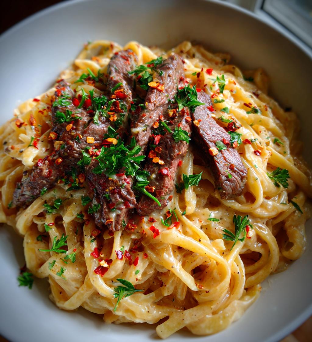 creamy spicy garlic butter steak and pasta recipe - detail 1