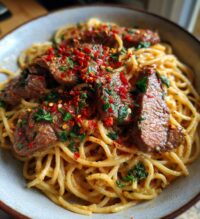 creamy spicy garlic butter steak and pasta recipe