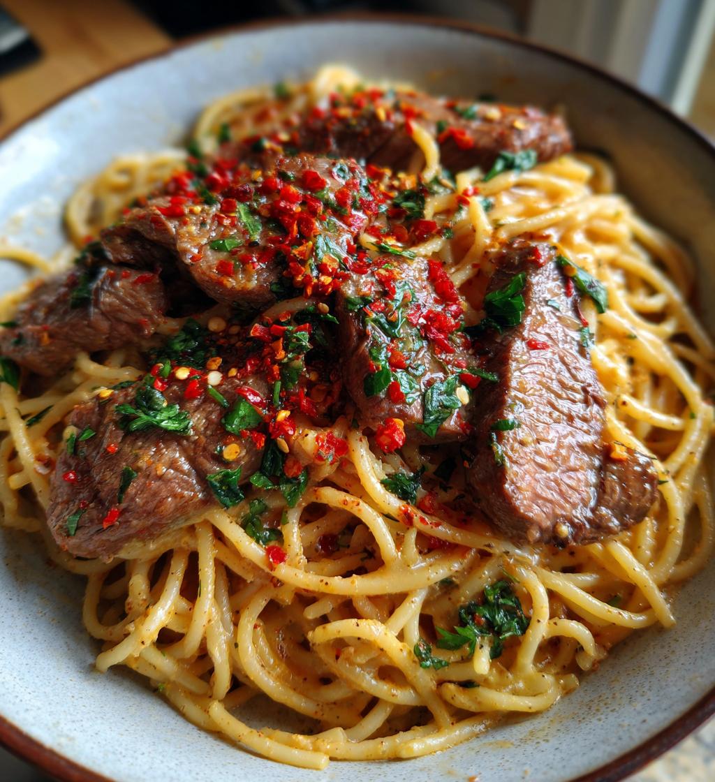 creamy spicy garlic butter steak and pasta recipe