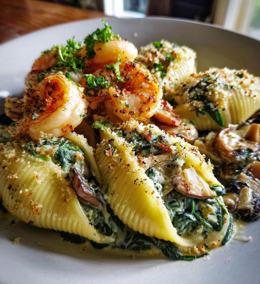 creamy spinach mushroom shrimp shells - detail 1