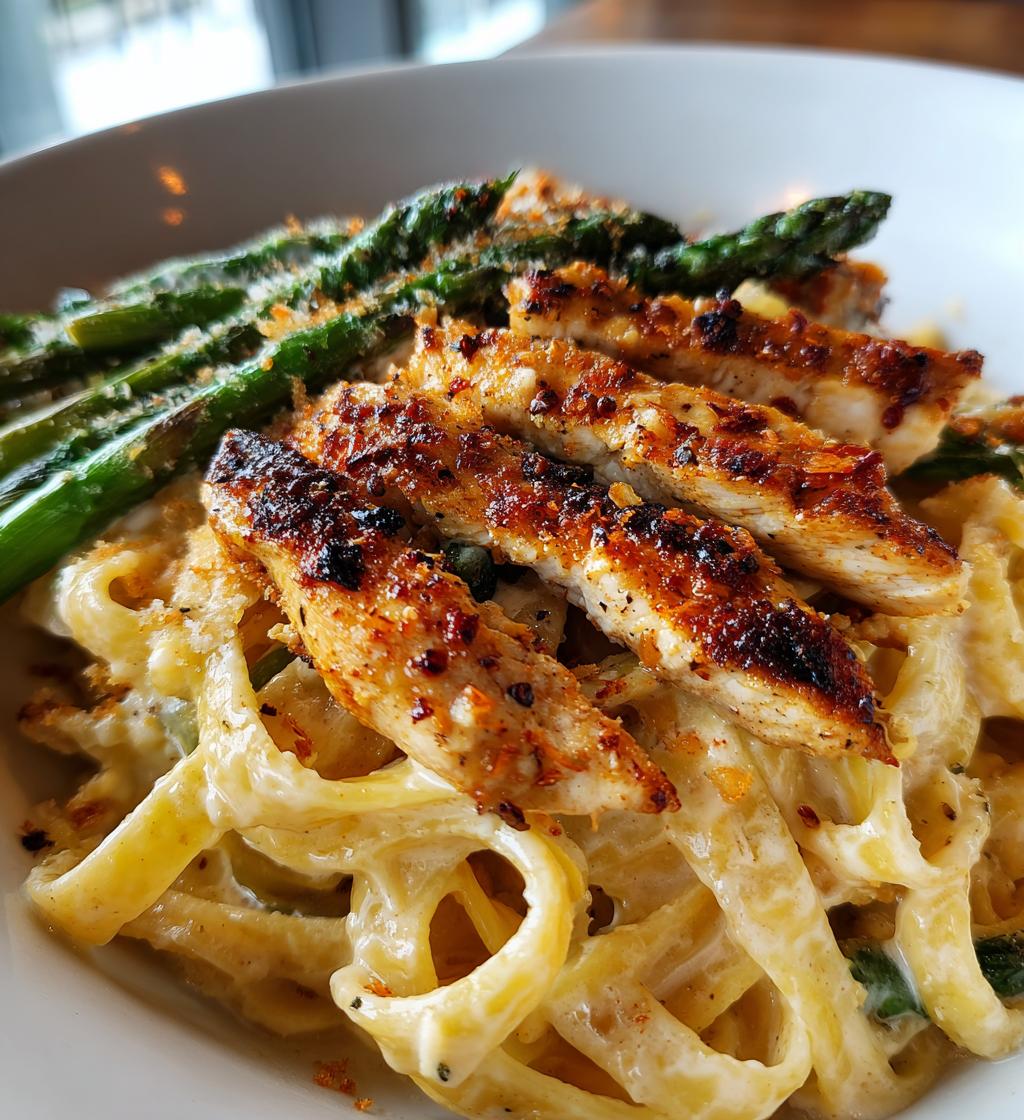 delicious greek chili chicken alfredo with smoked feta cream crispy parmesan asparagus