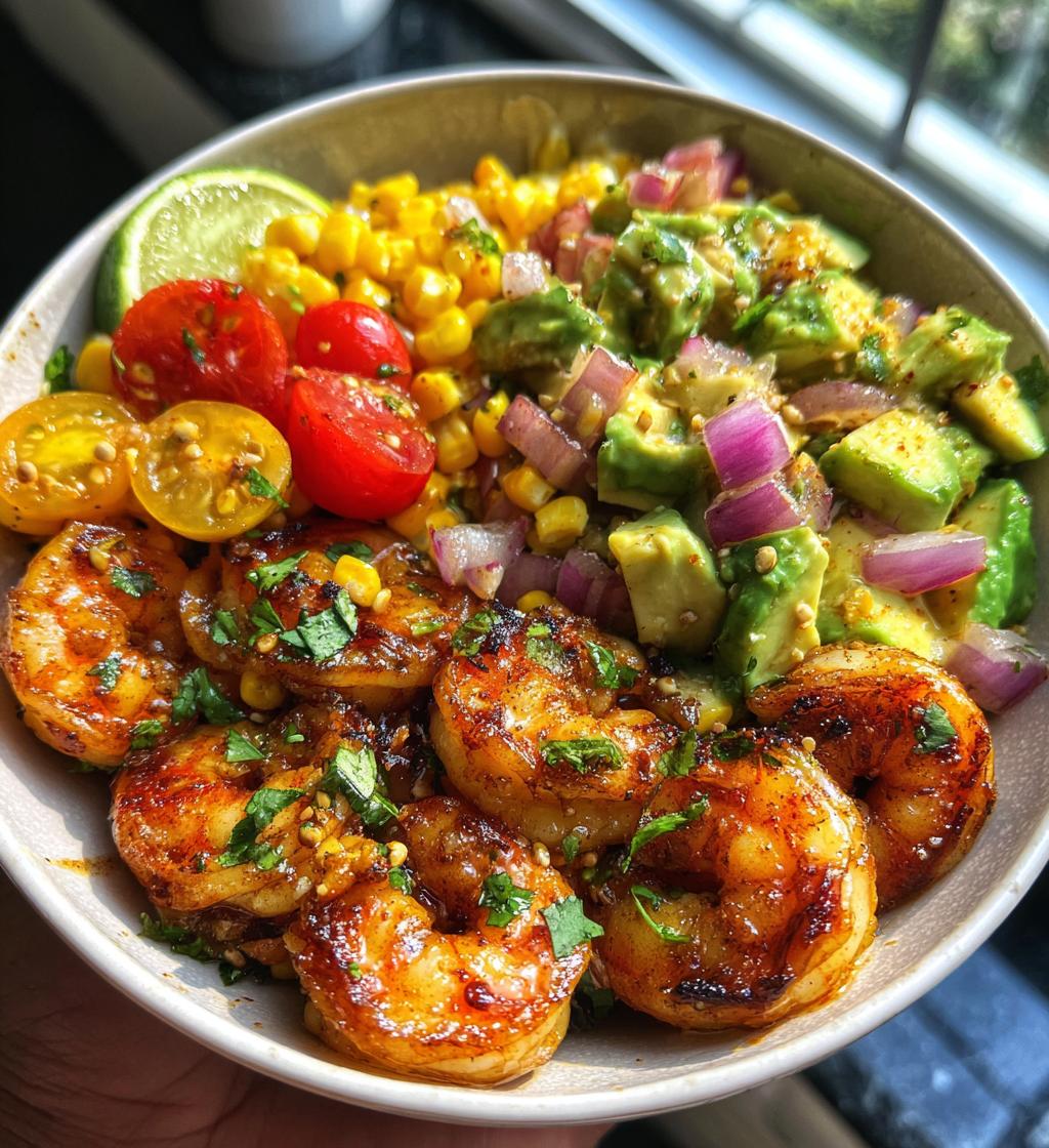 easy grilled shrimp bowl recipe with avocado corn salsa - detail 1