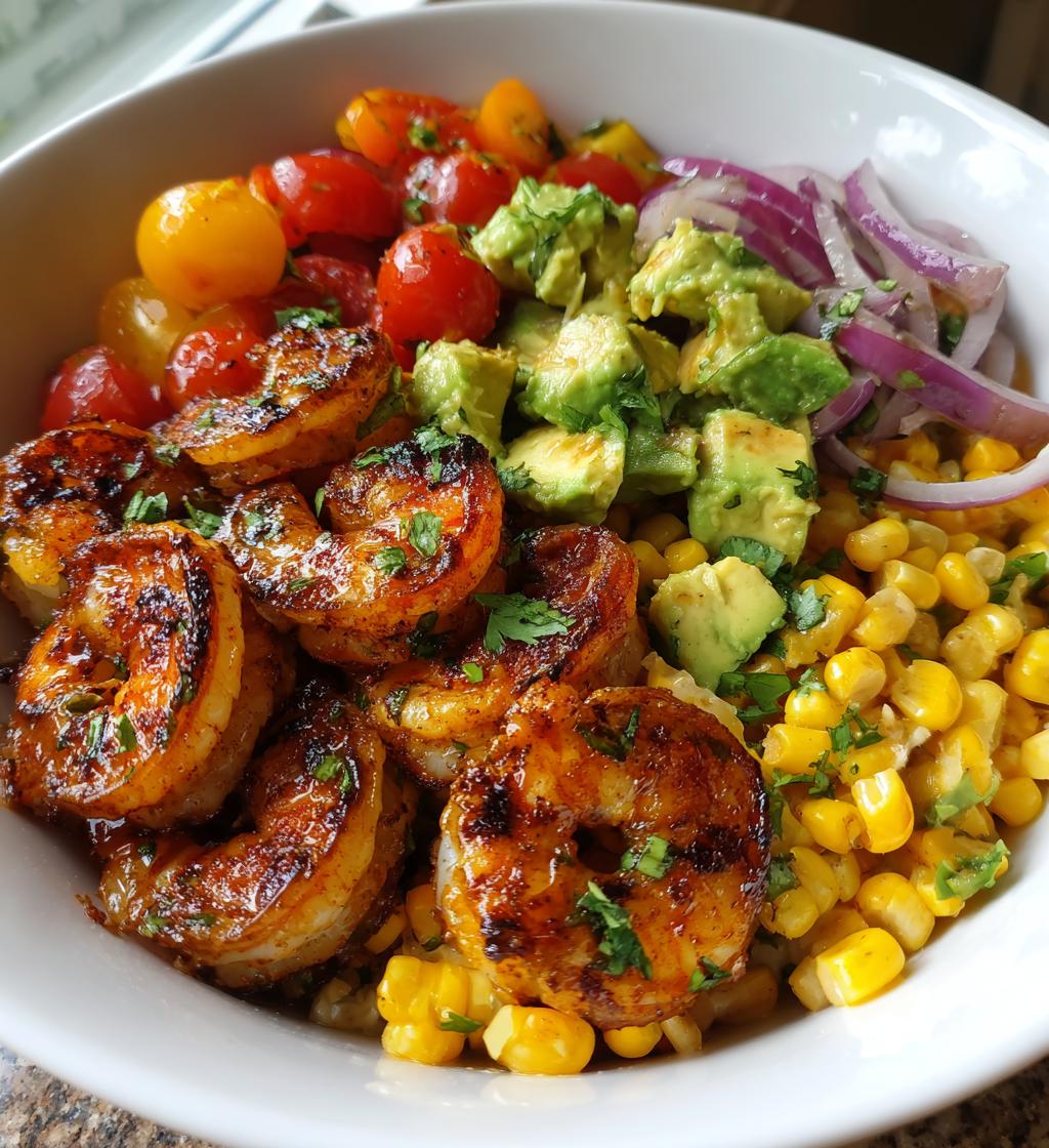 easy grilled shrimp bowl recipe with avocado corn salsa
