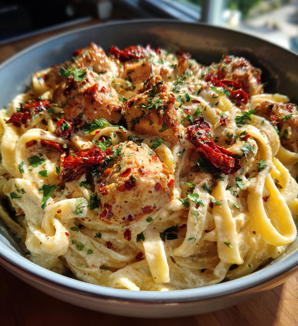 easy tuscan garlic chicken bites sun dried tomato cajun alfredo pasta recipe - detail 1