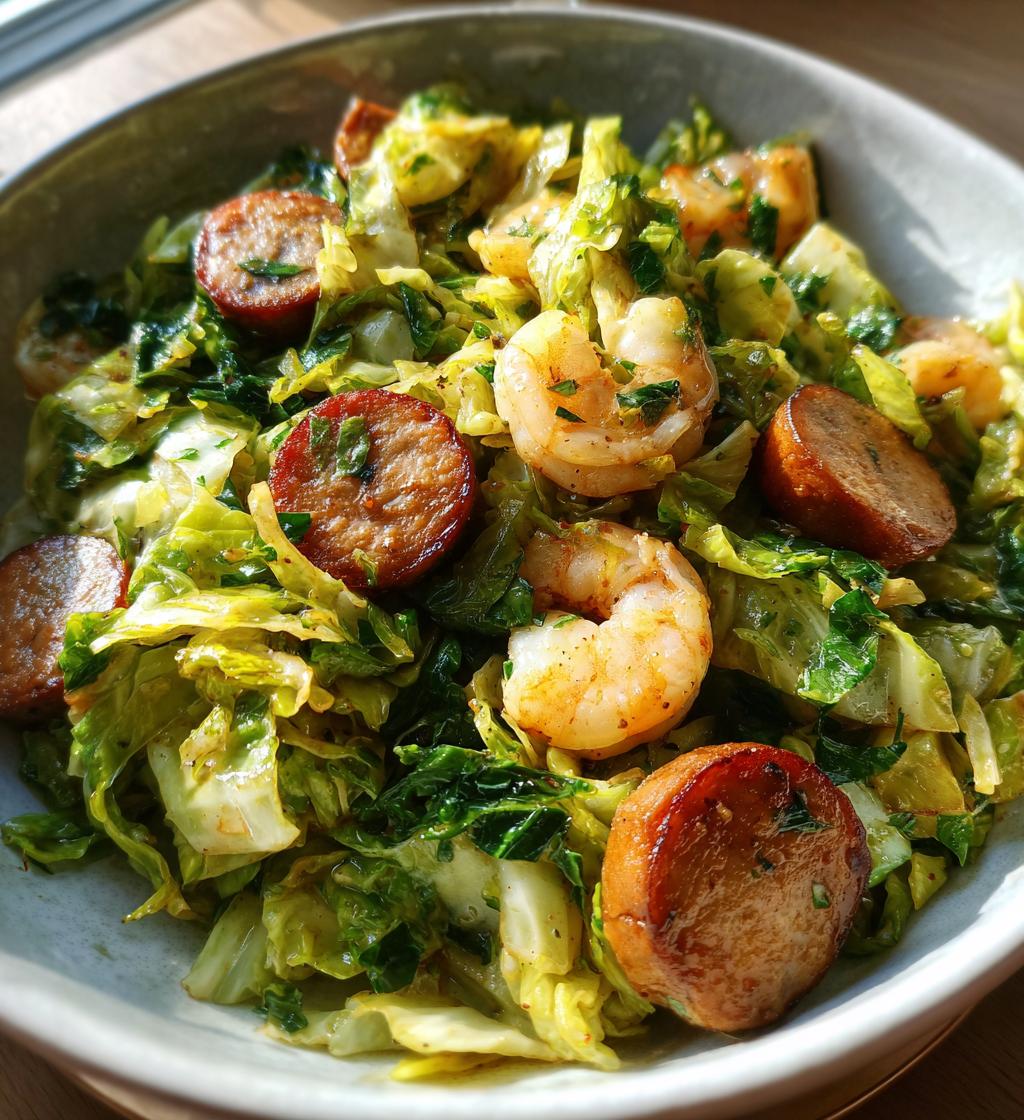 fried cabbage with shrimp sausage