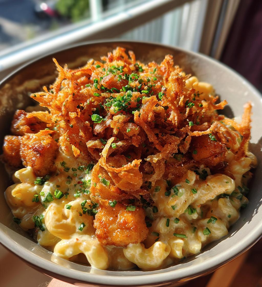 garlic butter chicken bites cajun alfredo mac with crispy onion topping - detail 1