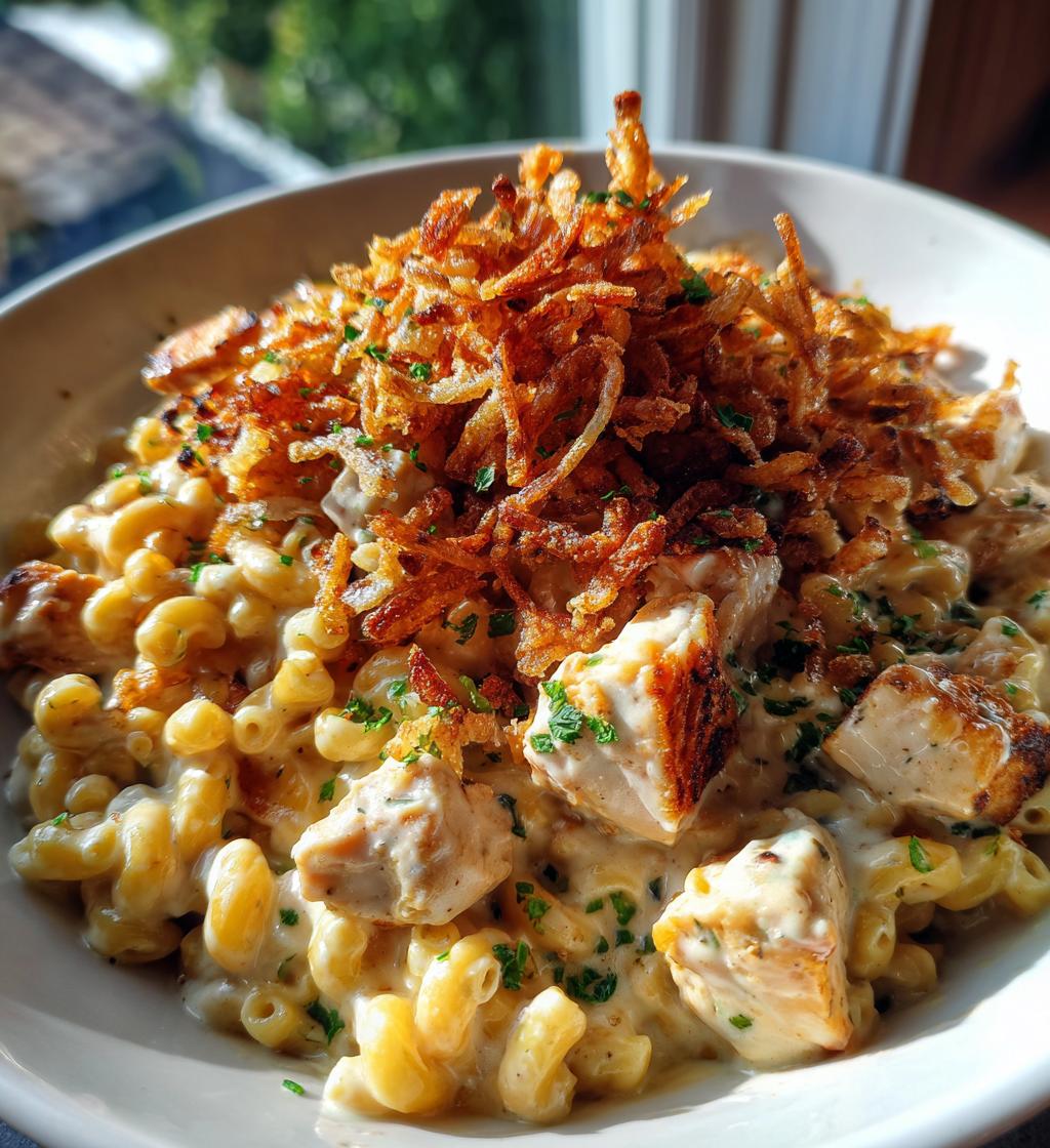 garlic butter chicken bites cajun alfredo mac with crispy onion topping