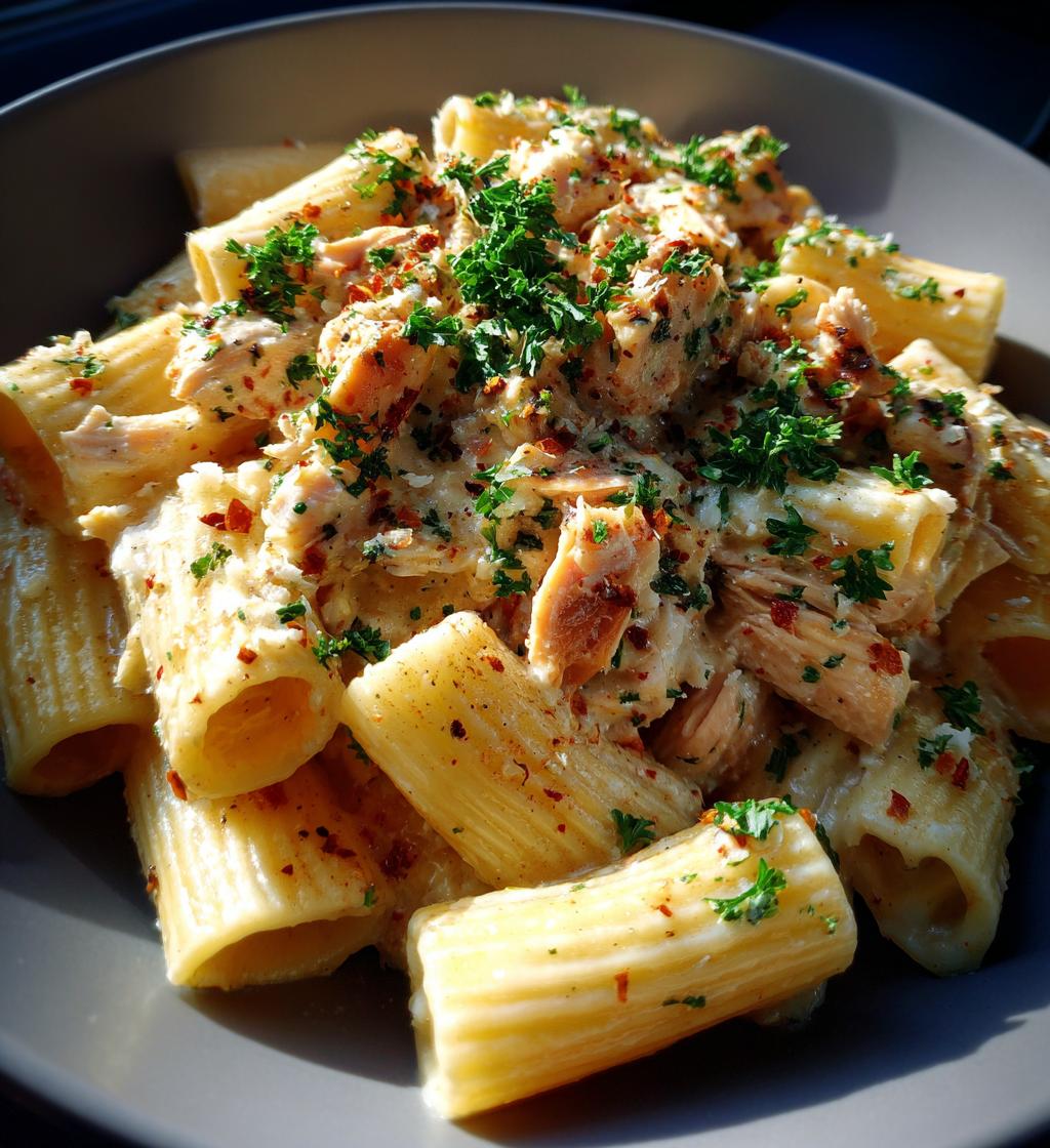 garlic butter chicken rigatoni in creamy parmesan sauce