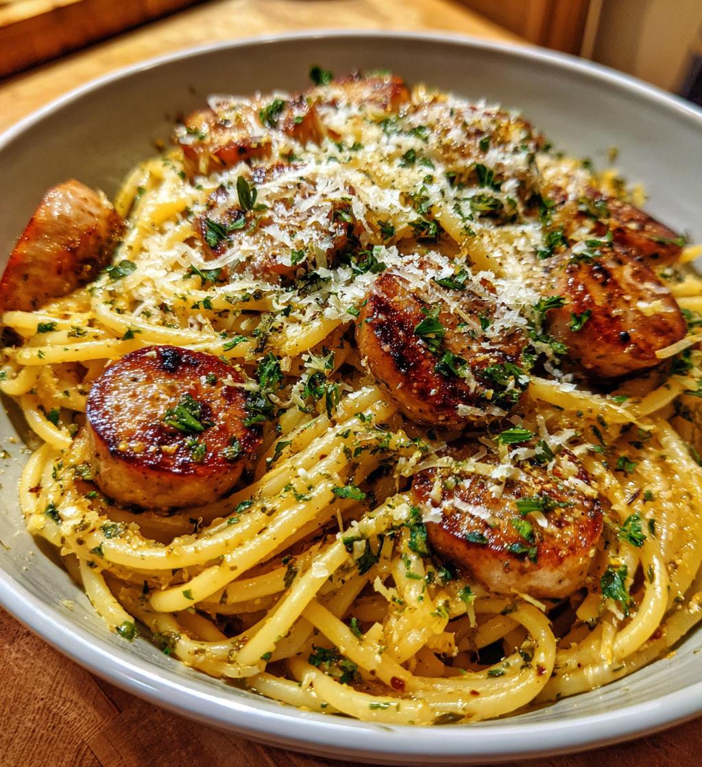 garlic butter sausage pasta - detail 1