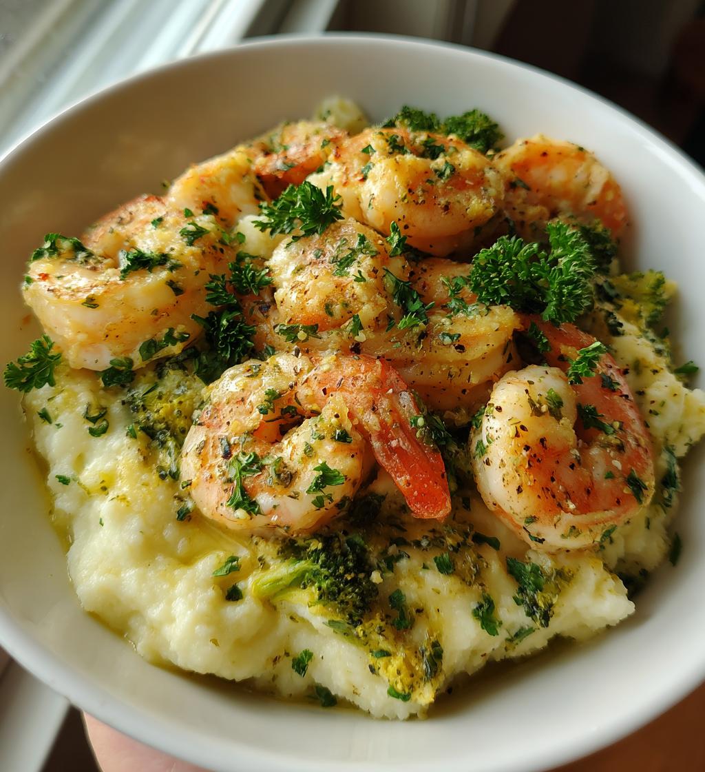 garlic butter shrimp veggie mash bowl - detail 1