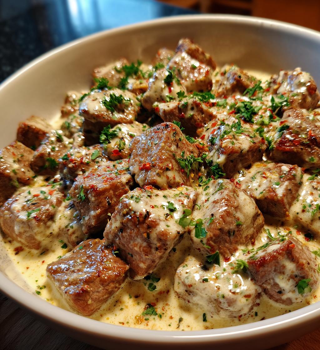 garlic butter steak bites with parmesan cream sauce - detail 1