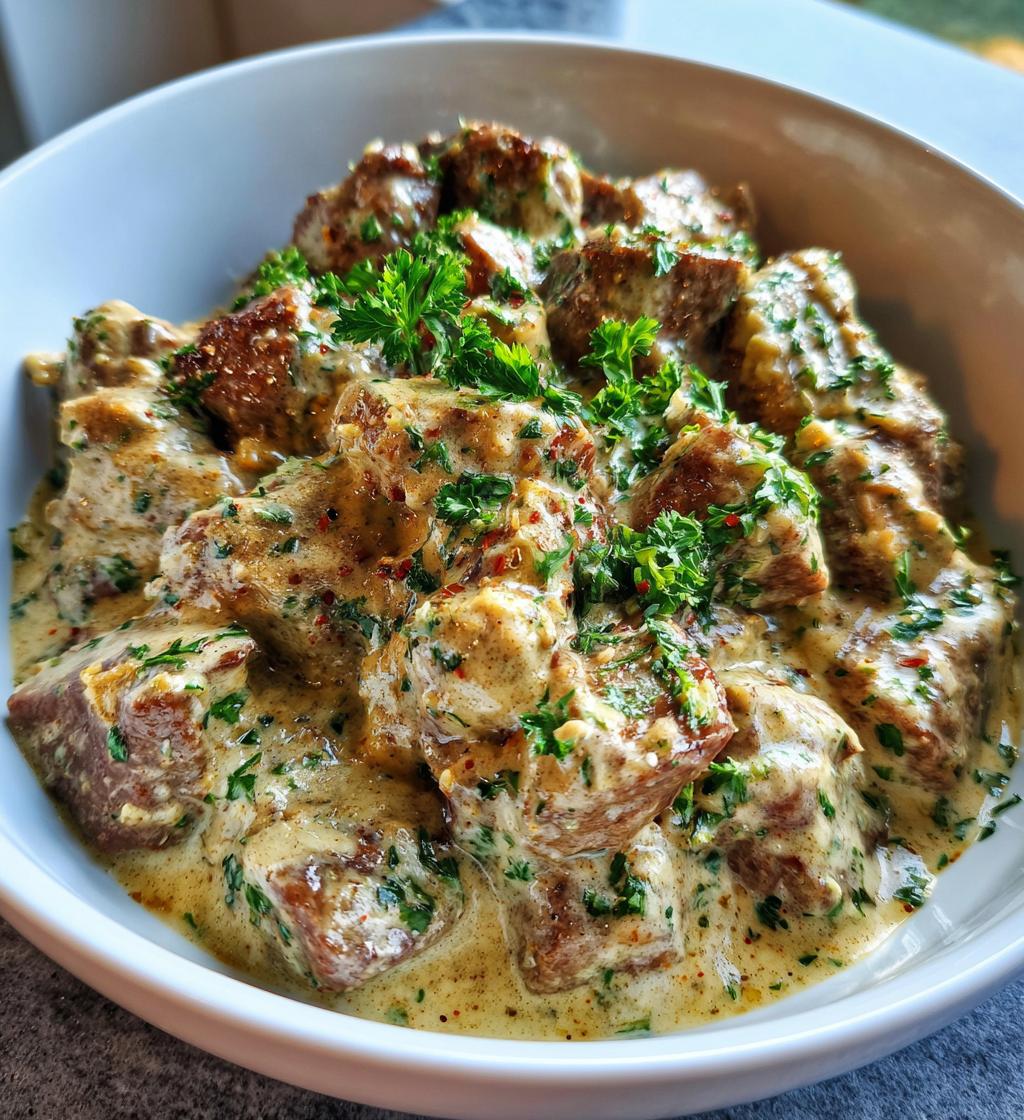 garlic butter steak bites with parmesan cream sauce - detail 1